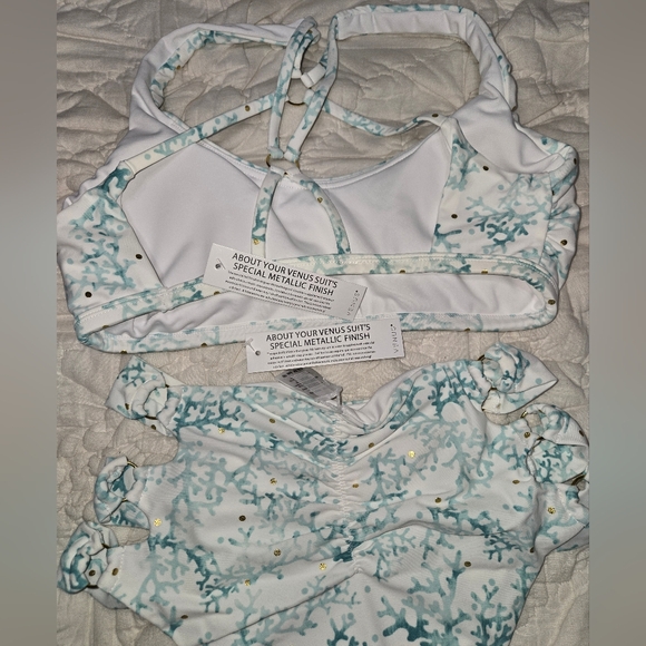 Venus swimsuit bikini white and aqua coral foil gold dots medium high-waisted - Picture 4 of 9